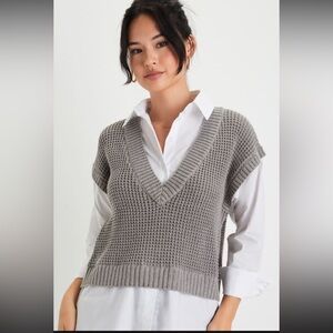 Lulus White Button Up and Gray Sweater Vest Top